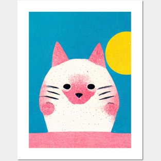 Kawaii Kitten Retro Poster Vintage Art Kawaii Wall Blue Pink Illustration Posters and Art